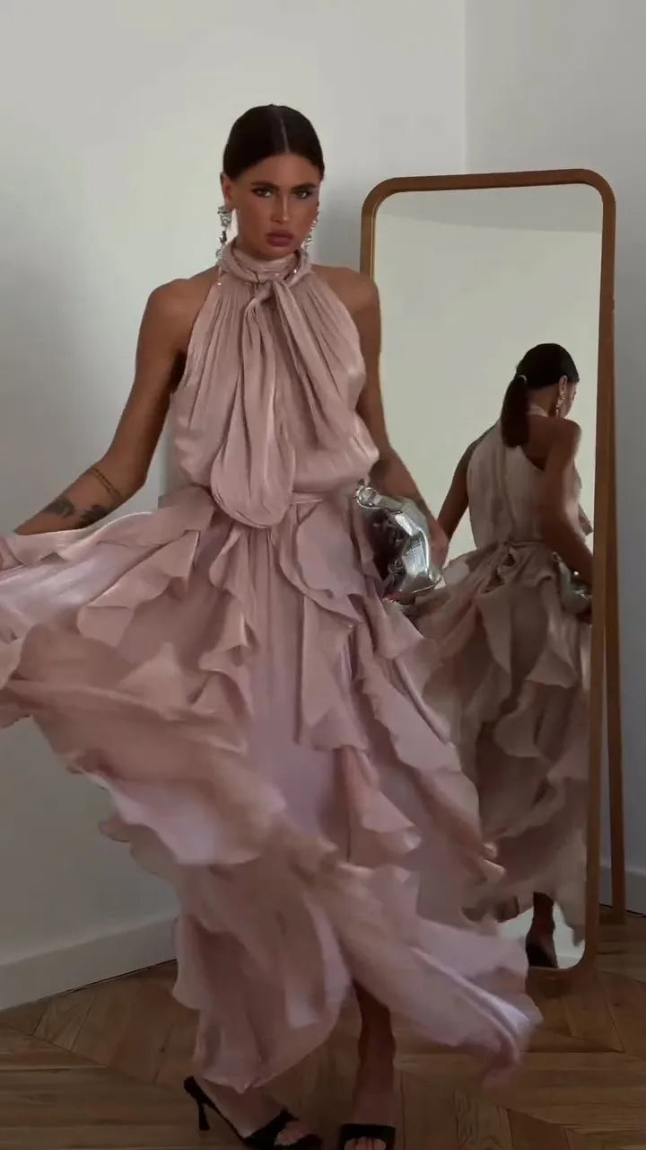 Cascading Ruffle Pleated Maxi Dress with Lace Up for Women