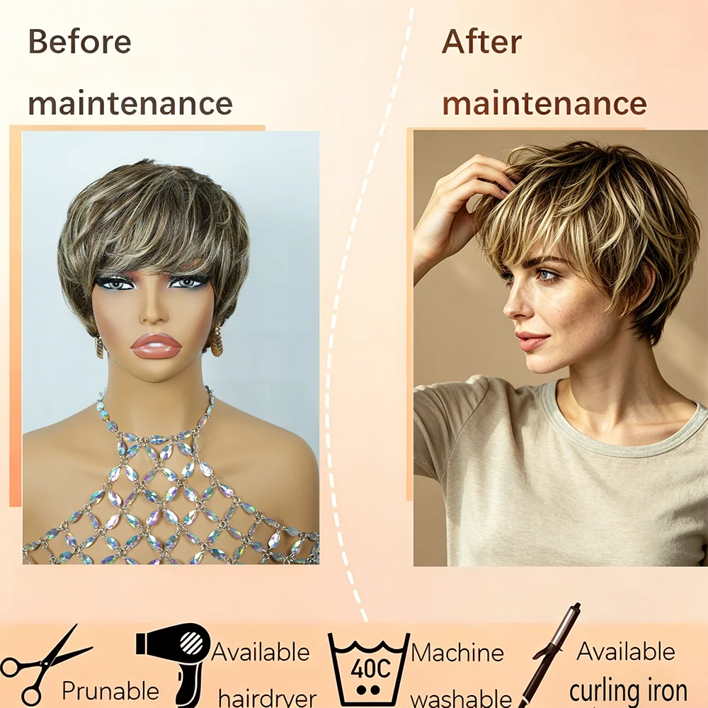 Straight Short Pixie Cut Remy Human Hair Wig For Women
