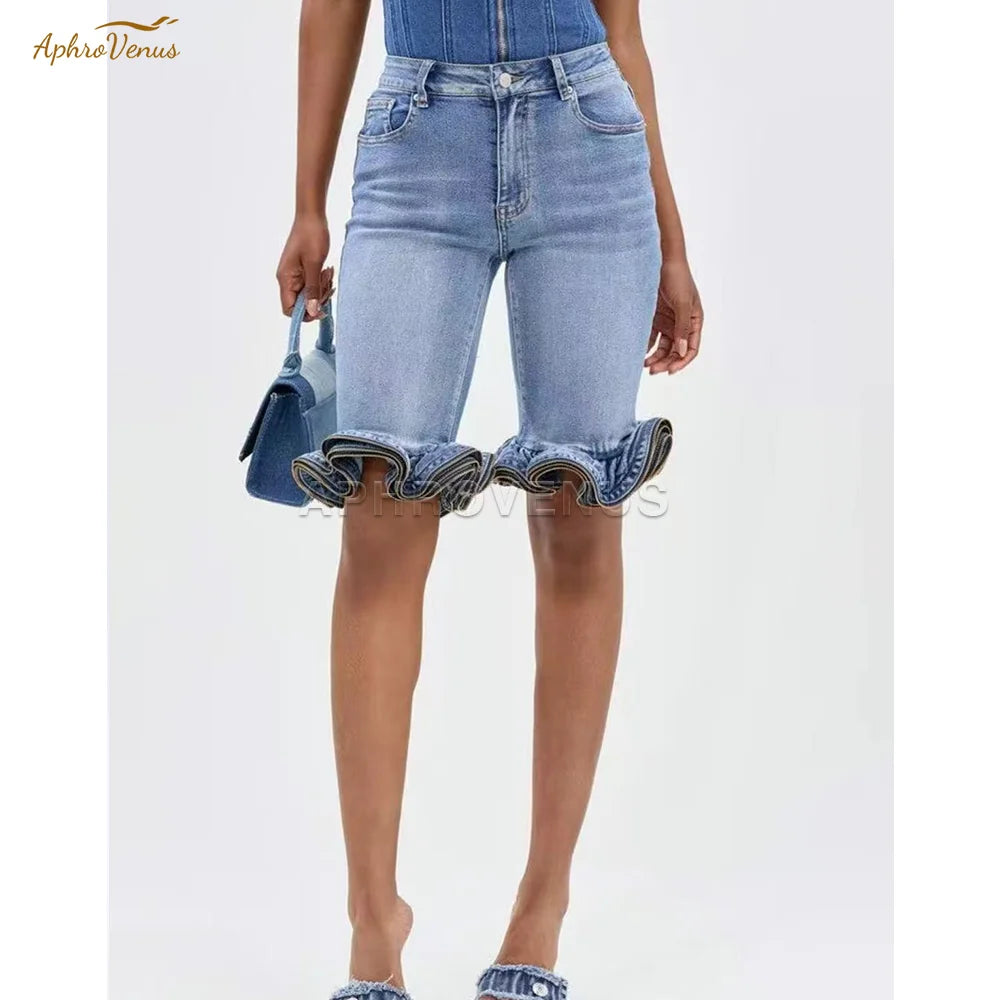 Casual High Waist Ruffle Hem Denim Shorts For Women