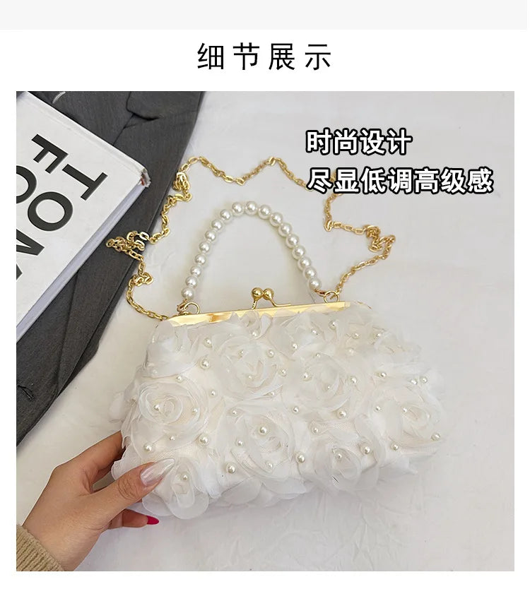 Pearl Floral Chain Evening Crossbody Bag