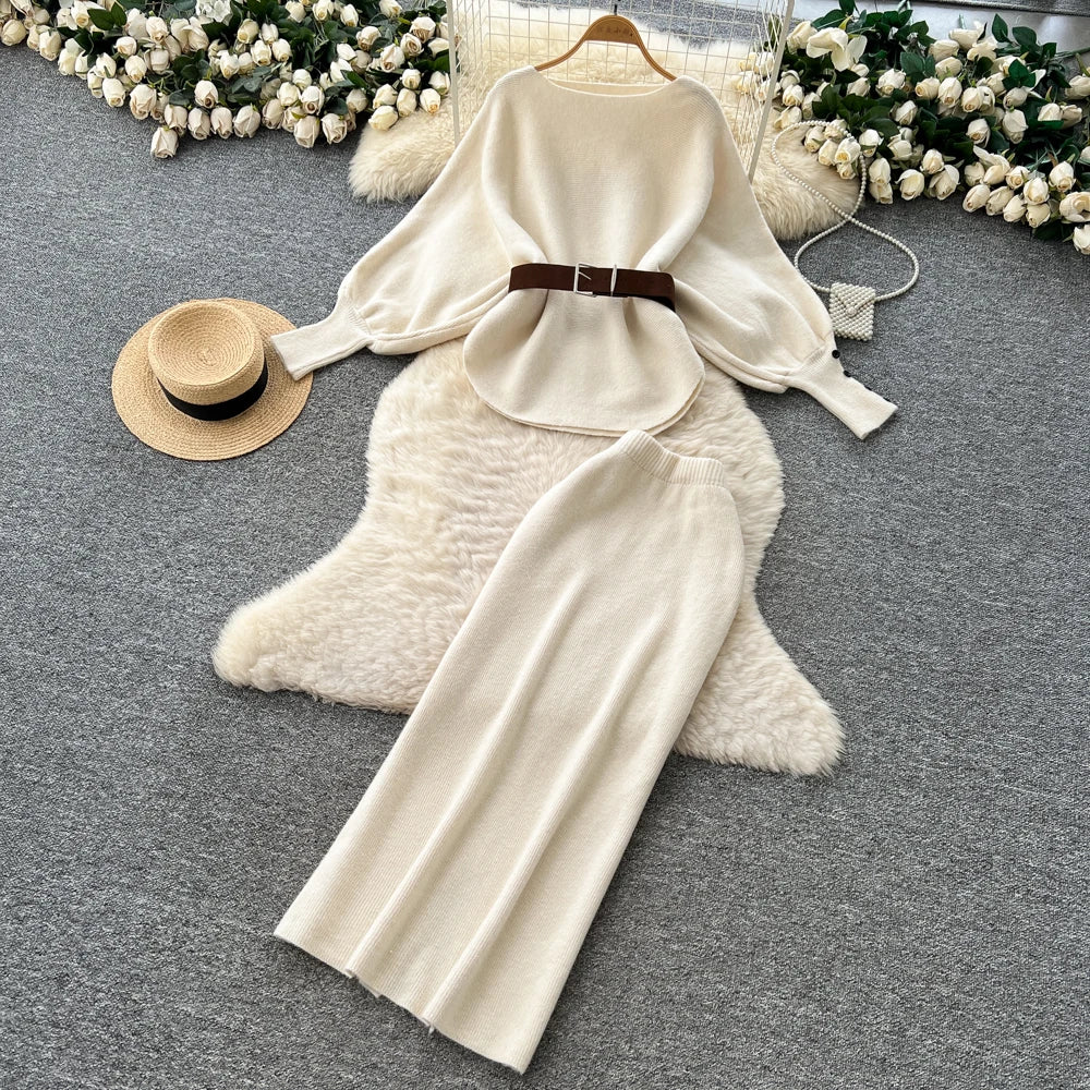 Batwing Sleeve Knit Top and High Waist Skirt Set for Women