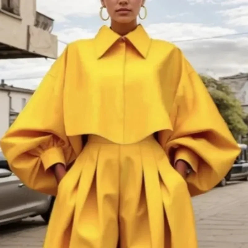 Beautyblue Elegant Women's Coats&Pants Yellow Pant Sets New Casual Buttoned Pleated Lapel Blazer Blouses Pockets Trousers Female