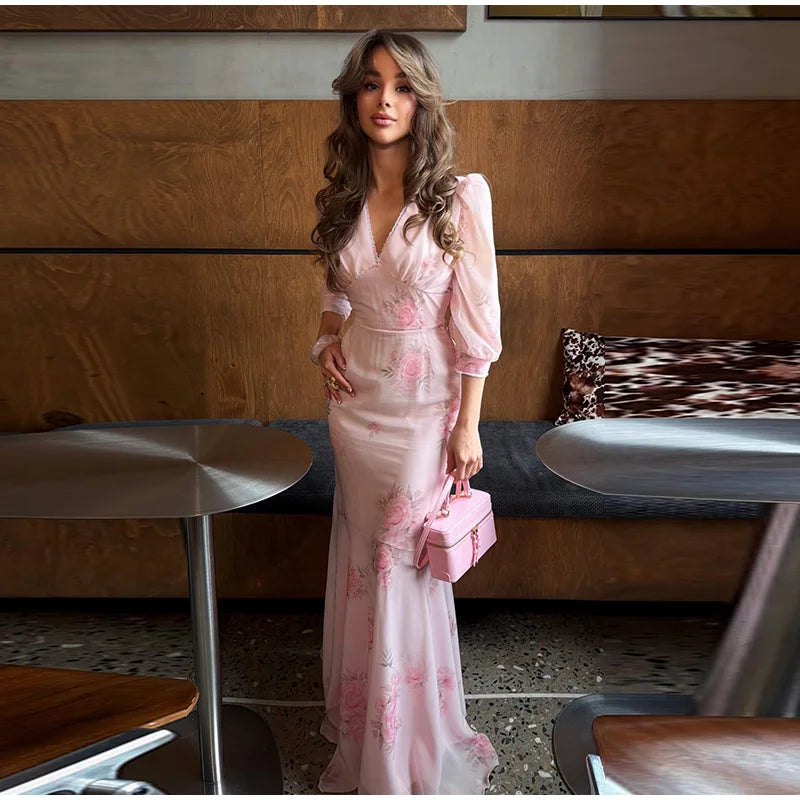 Elegant Print Pleated Puff Sleeve V Neck Long Dress for Women