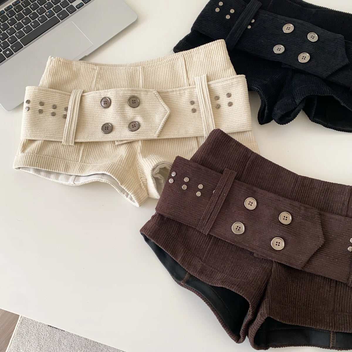 Retro Corduroy Button Detail Low Waist Shorts for Women