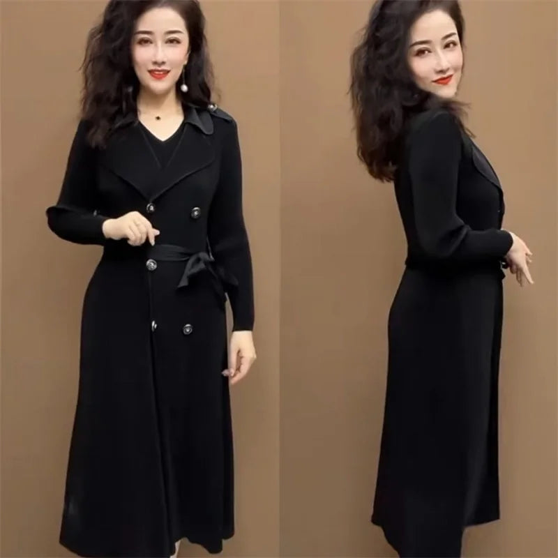 Spring Autumn Fashion Slim Pleated Suit Collar Fake Two Piece Windbreaker Coat Comfortable Waist Shrinking Elastic Dress Belt