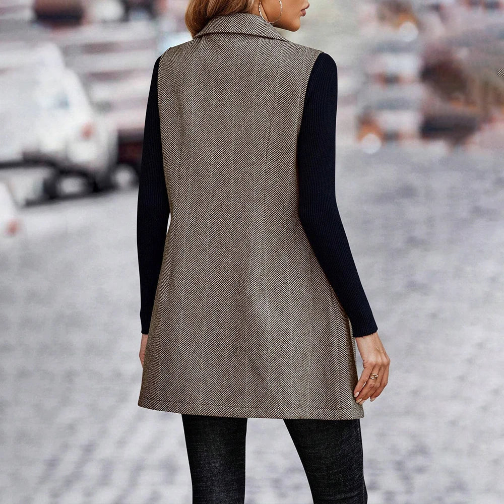Women's Elegant Turn Down Collor Sleeveless Buttons Vest Blazer Coats Mid-Jackets Winter Ladies Office Work Outwear Outcoat S-XL