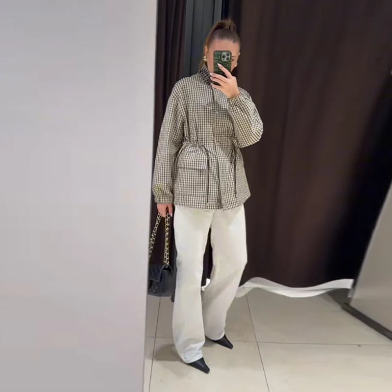 Grid Pattern Stand Collar Long Sleeve Coat for Women