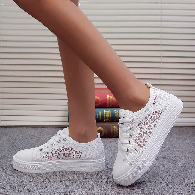 Lightweight Embroidered Lace Up Sneakers For Women