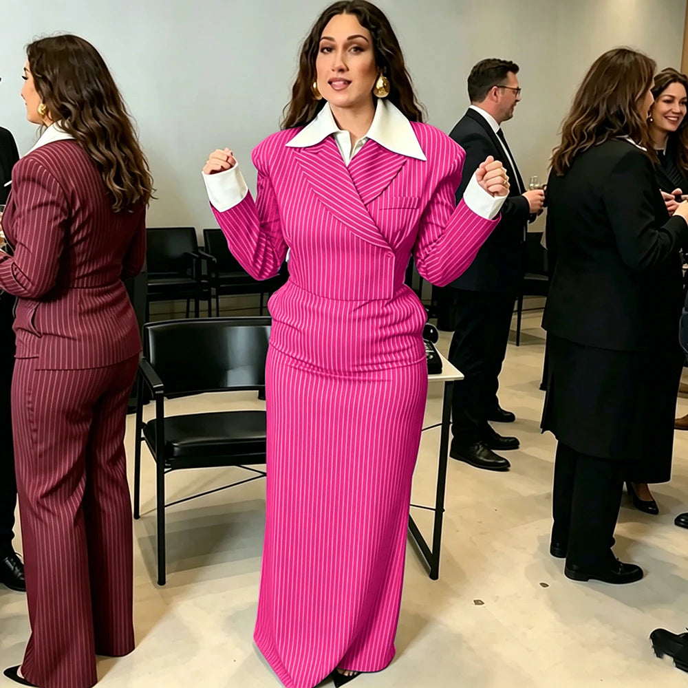 Navy Pinstripe Single Breasted Blazer Skirt Set for Women