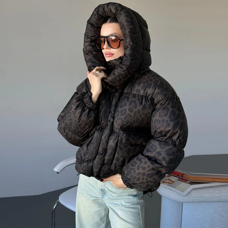Casual Leopard Print Hooded Puffer Jacket For Women