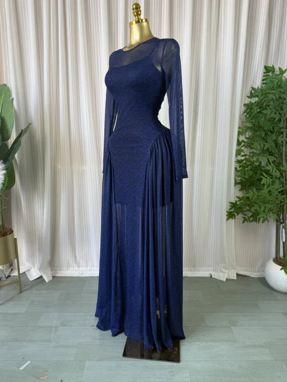 Elegant Pleated O Neck Long Sleeve Maxi Dress For Women