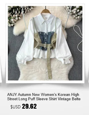 ANJY Autumn New Women Ins Shirt Studded Diamonds Distressed Denim Coat Pockets Single Breasted Elegant Vintage Casual Tops A9973