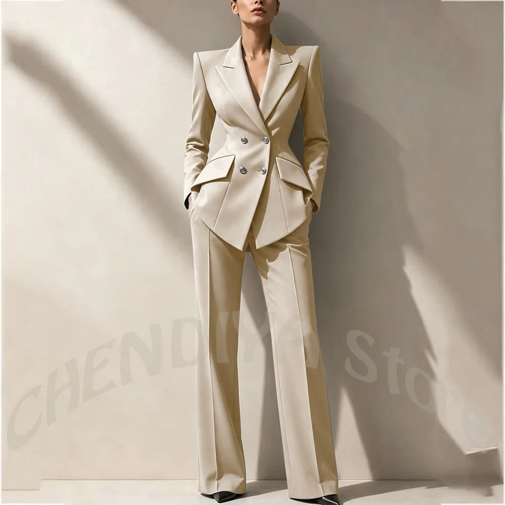 New Arrival Women's Two Piece Suit Peak Lapel Slim Fitted Classic Double Breasted Wedding Guest Evening Gala Party Female Set