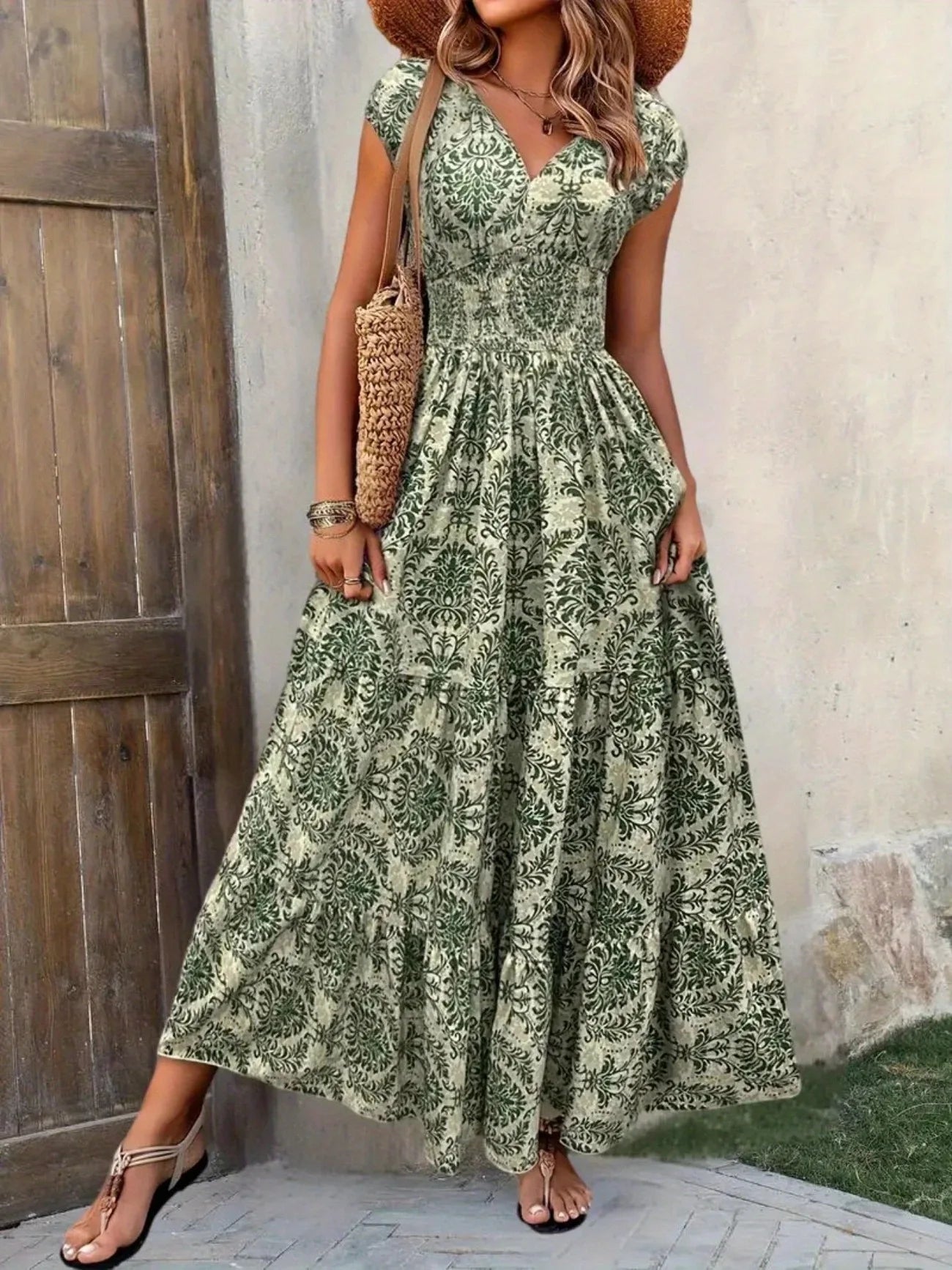 Bohemian Floral Printed V Neck Midi Dress For Women