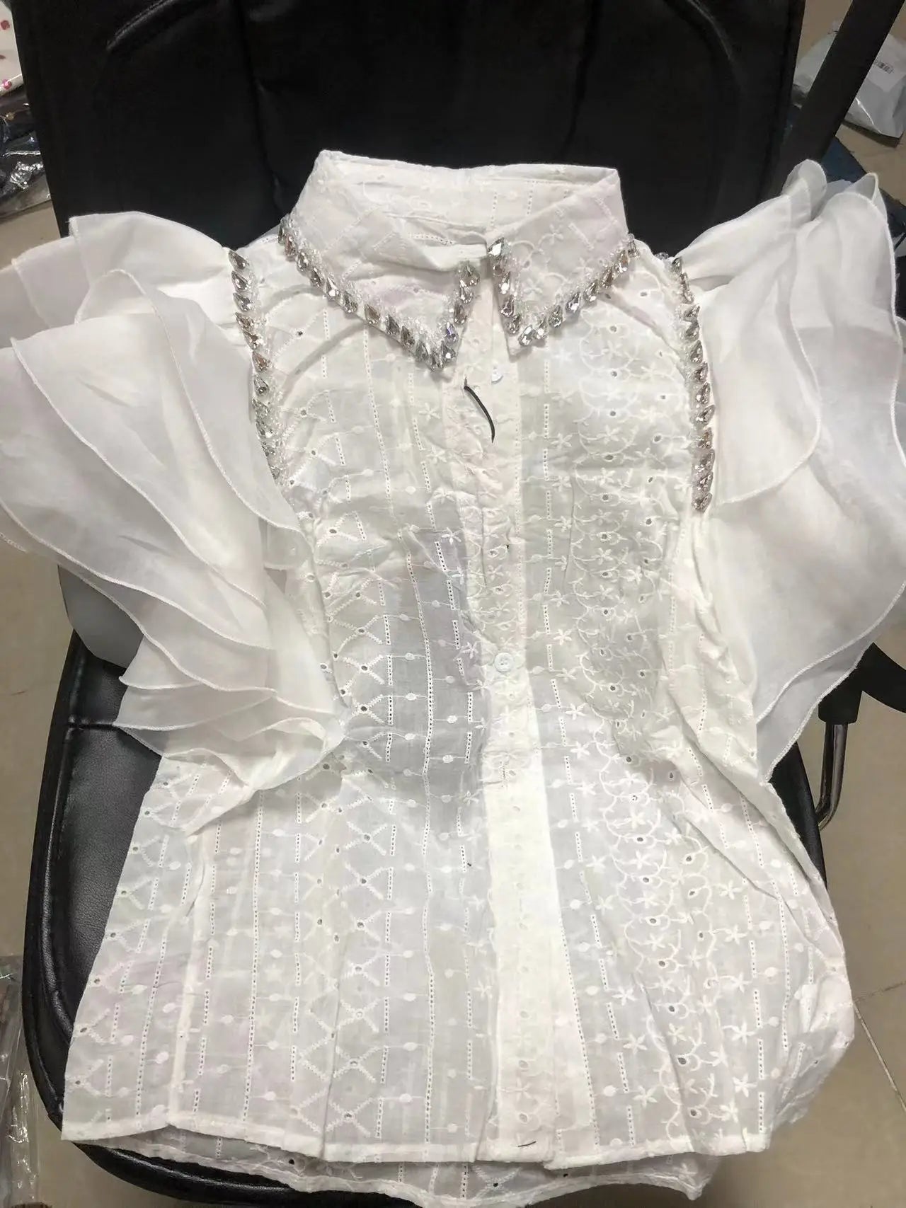 Diamond Stitch Jacquard Cotton Blouse With Ruffles for Women