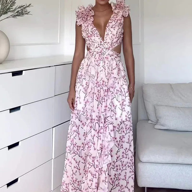Floral Lace-Up Sleeveless Casual Maxi Dress for Women