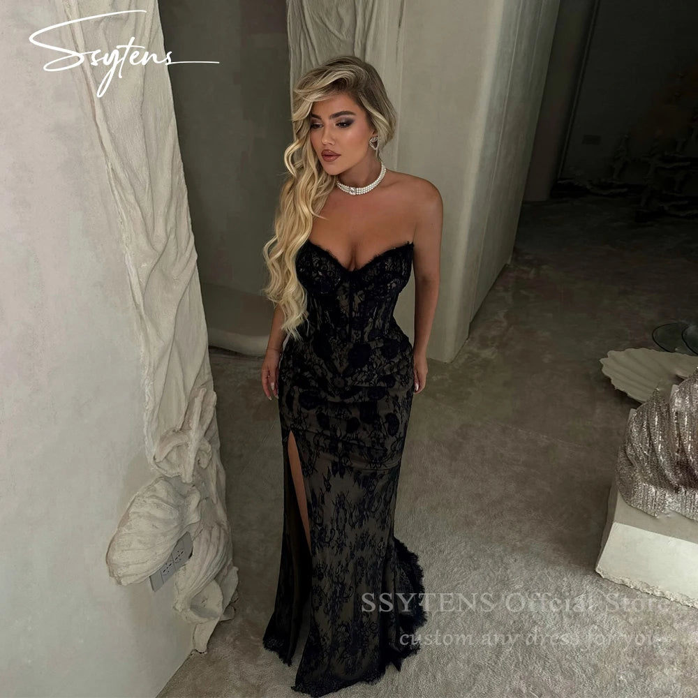 Elegant Black Lace Mermaid Prom Dress With High Side Slit for Women