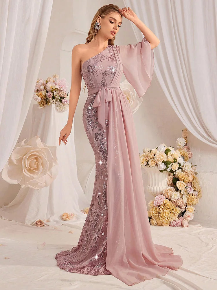 TOLEEN 2024 New Luxury Elegant Sequin Long Maxi Gown Dresses Women's One Shoulder Sparkle Patchwork Formal Party Evening Dress
