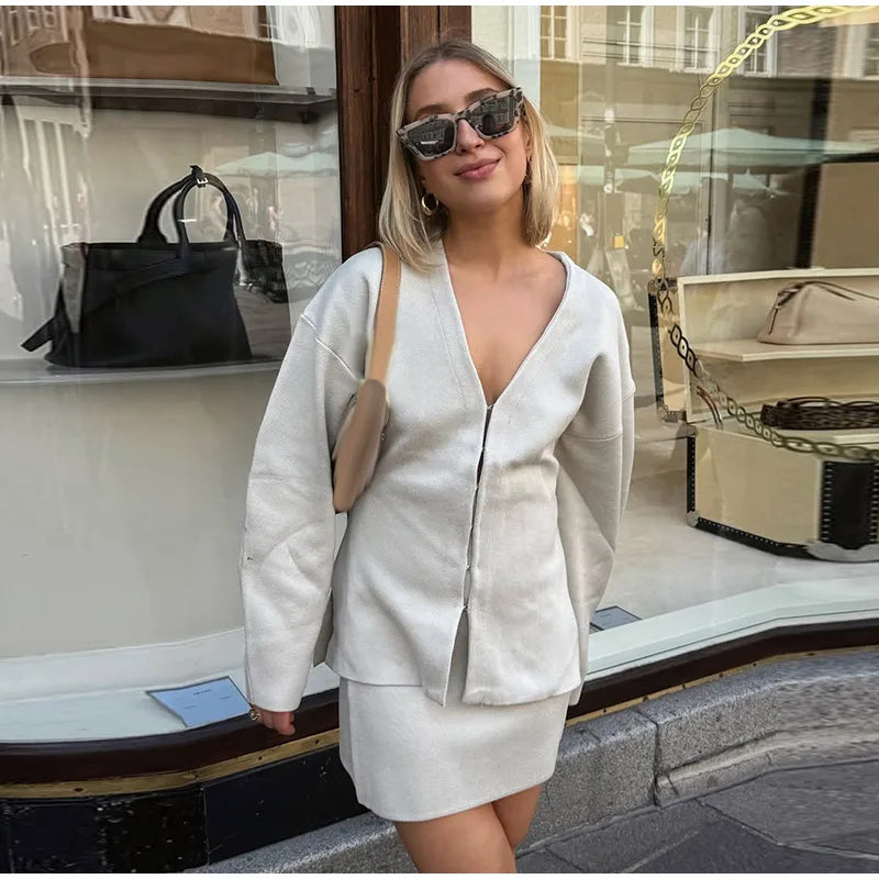 Elegant Knit Two Piece Set With Front Cutout and V Neck For Women