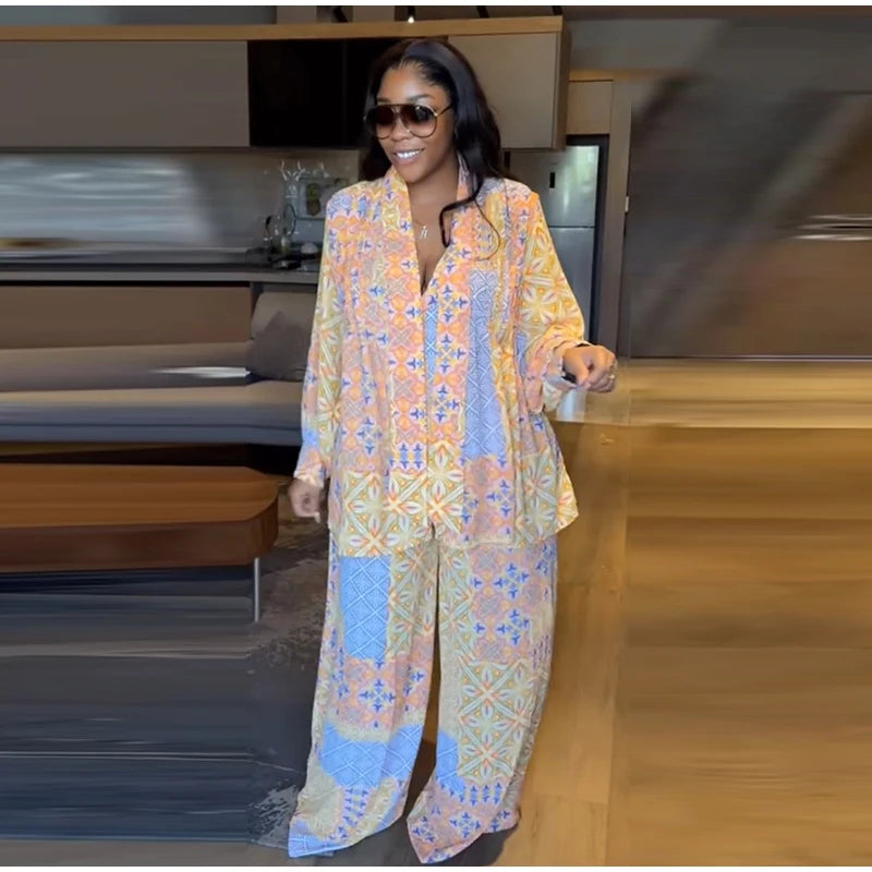 Casual Print Long Sleeve V-Neck Top Wide-Leg Trousers Two-Piece Set for Women