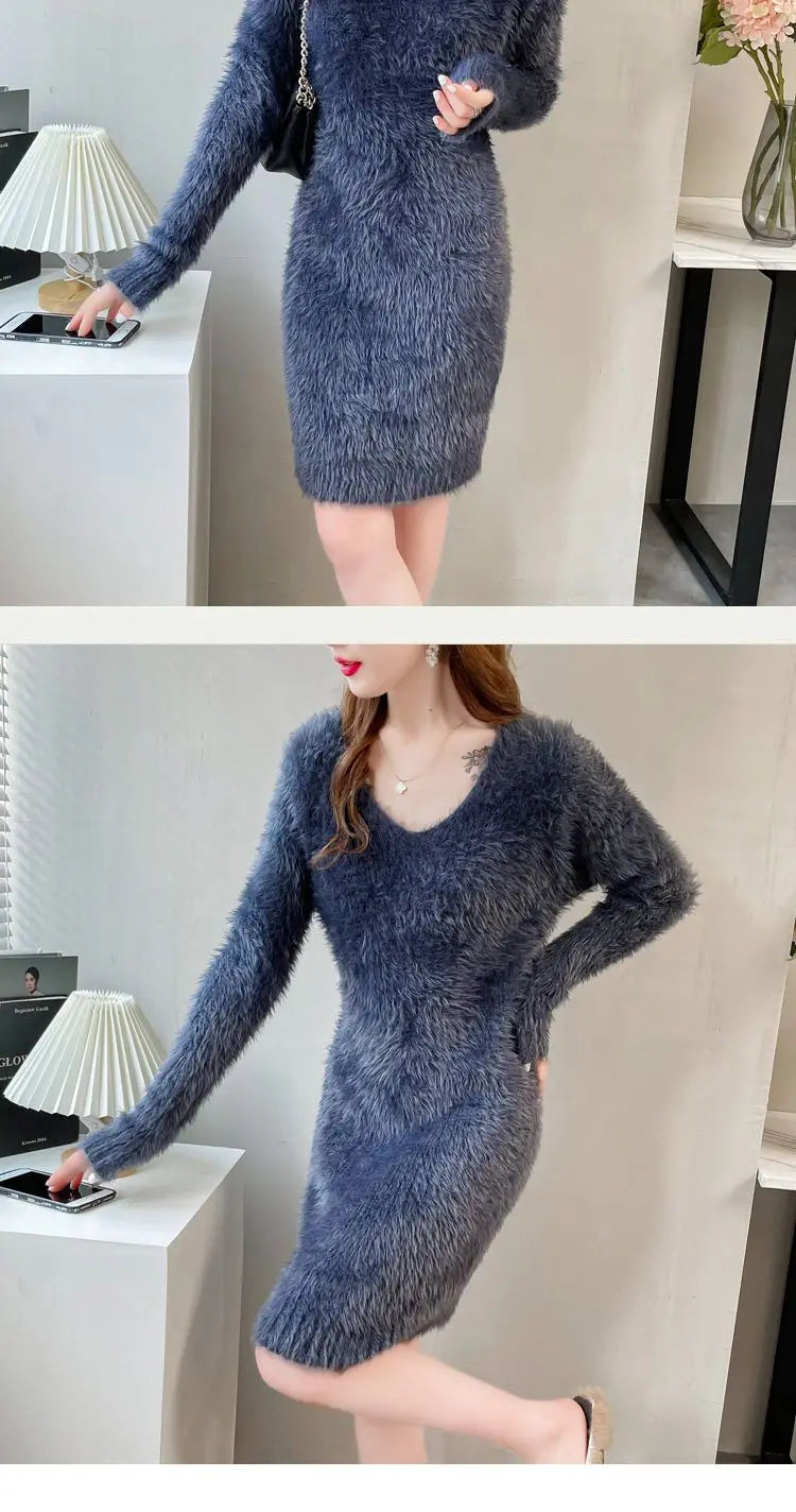 Cozy Faux Mink Knit Sweater Dress