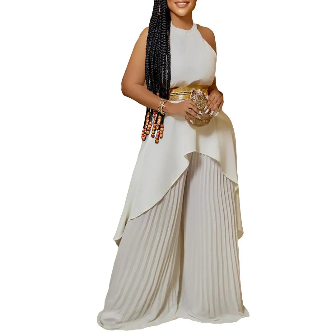 2 Pieces Pants Sets Womens Outfits Blouse Extra Long Sleeveless Backless Belt Waisted & Wide Leg Pants Pleated Floor Length Sets