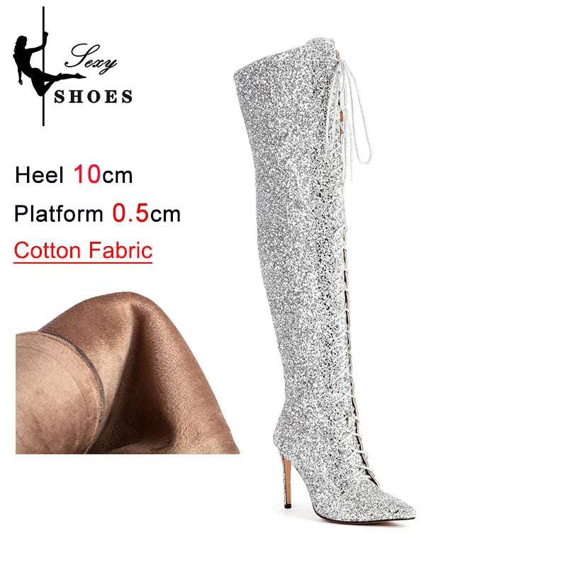 Shiny Sequined Over The Knee High Heel Boots for Women