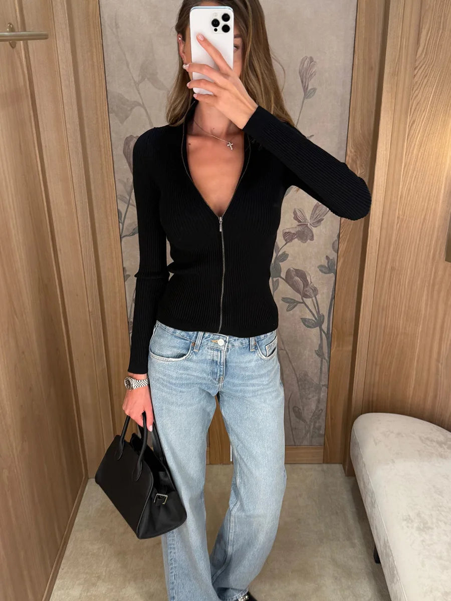 Ribbed Knit Zip Up Cardigan With Stand Collar For Women