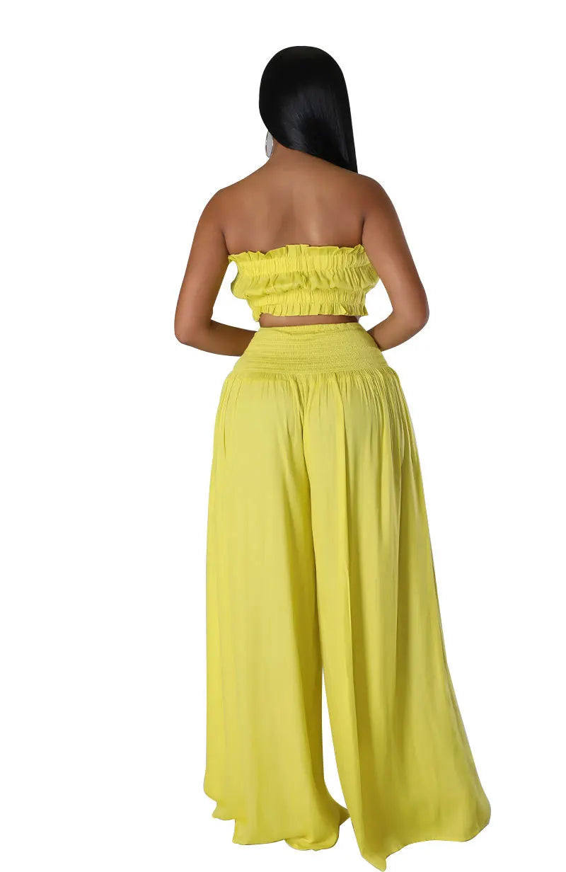 Lace Up Strapless Top Two Piece Pants Set for Women