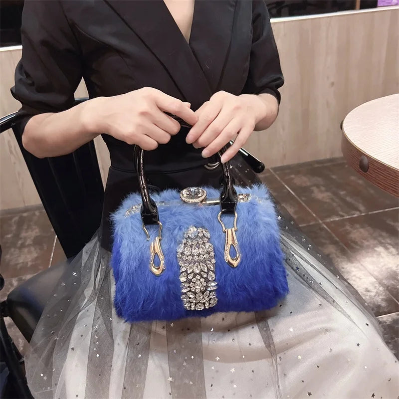 Original Designer Brand Rabbit Hair Bag New Fashion Leather Handcarry Shoulder Crossbody with Diamond Hair Bags for Women