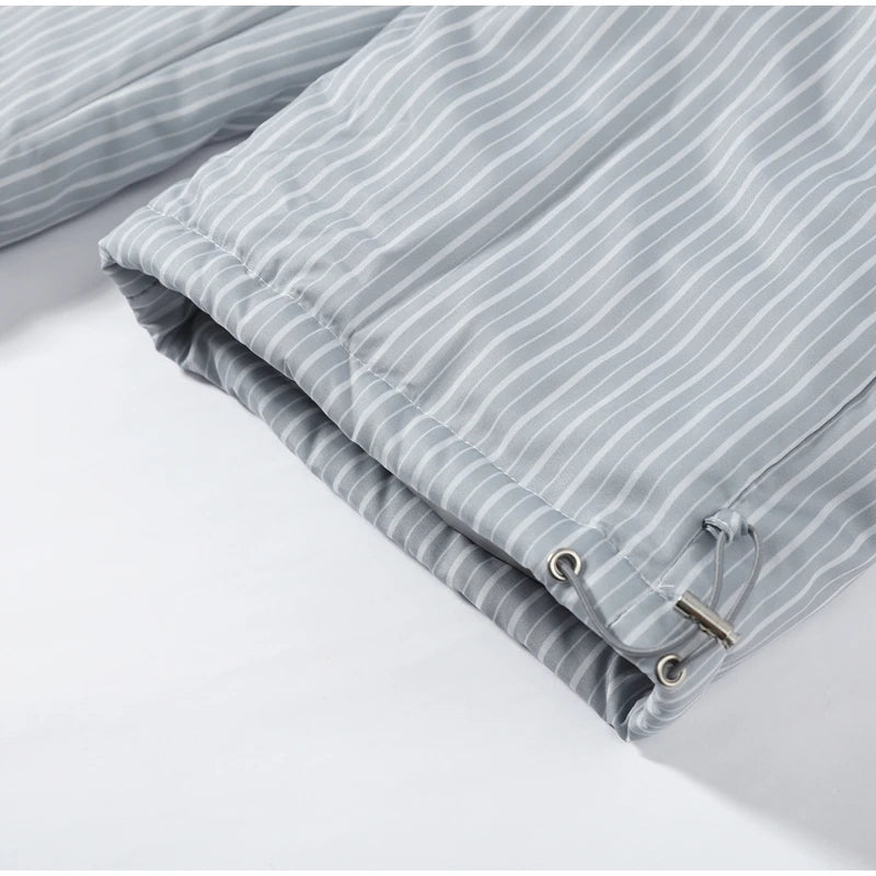Striped Hooded Puffer Jacket and Wide Leg Pants Set for Women