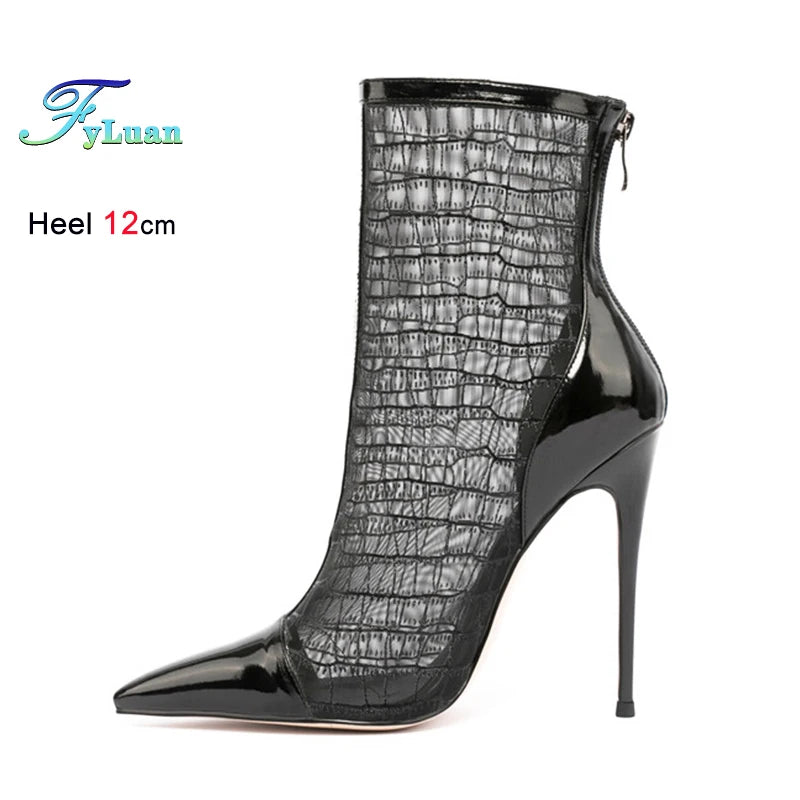 Elegant Black Mesh Stiletto Ankle Boots With Pointy Toe Rear Zipper For Women