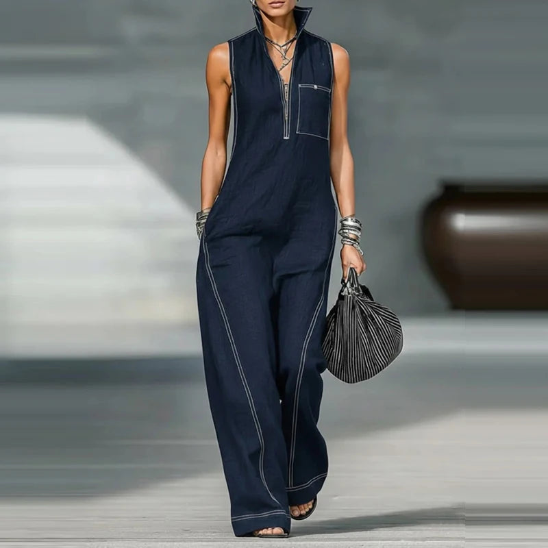 Stand Collar Pocket Sleeveless Wide Leg Jumpsuit for Women