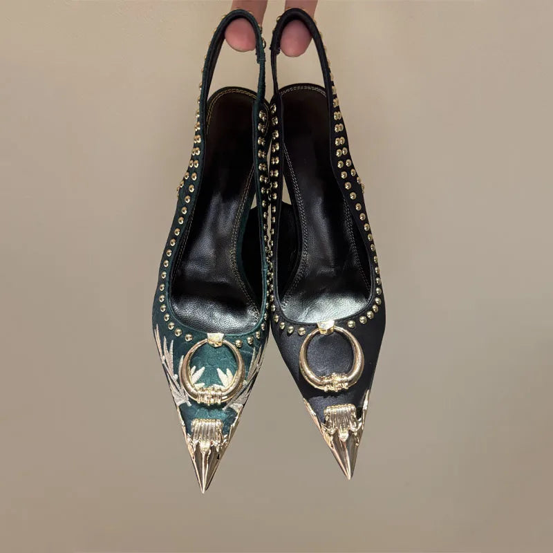 Design Women High Heel Metal Toe Embroidered High Heel Shoes Sexy Lady High Heel Gold Pointed Metal Toe Slingback Stilettos