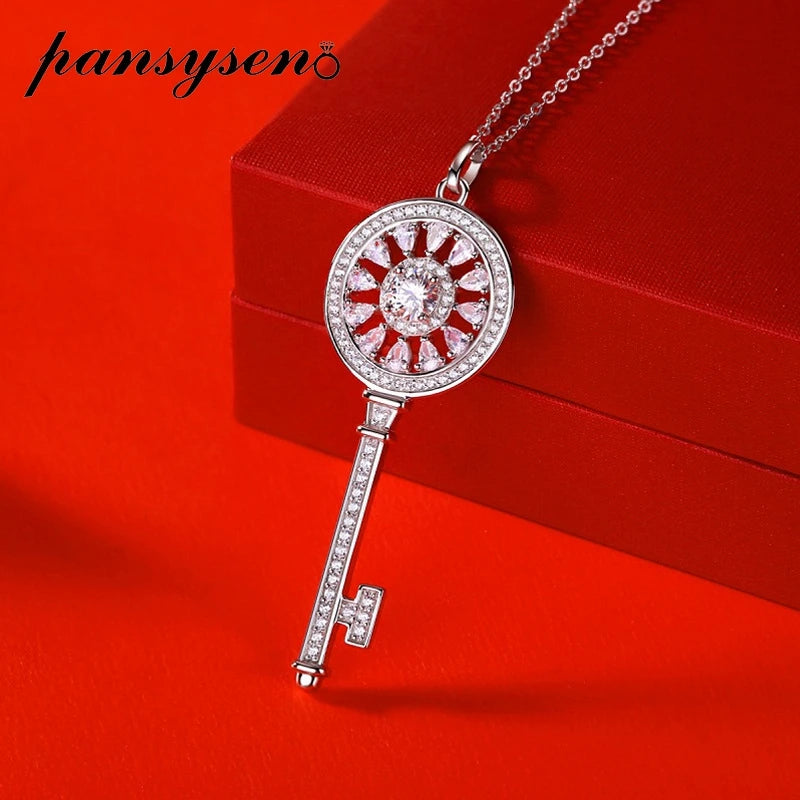 PANSYSEN Classic Key Shape 100% 925 Sterling Silver 0.5ct Real Moissanite Necklace Girls Wedding Engagement Party Gift Wholesale