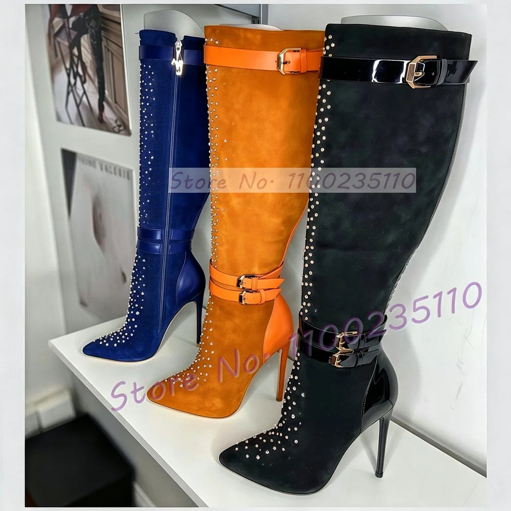 Crystal Embellished Pointed Toe Knee High Boots For Women