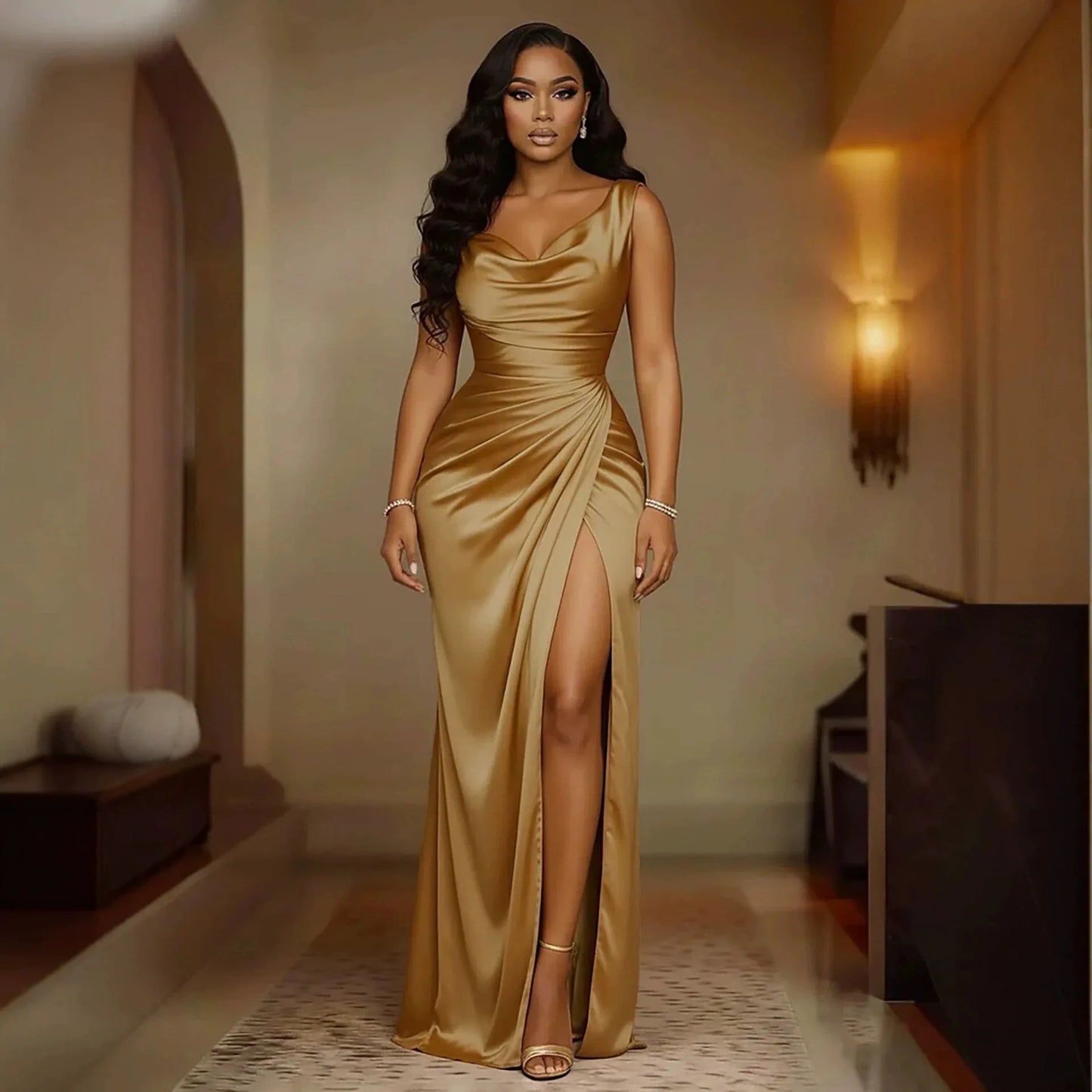 Elegant Satin Cowl Neck Sleeveless Maxi Dress for Women