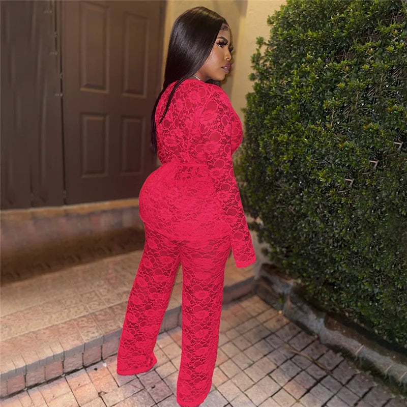 Sexy Lace Sheer Open Stitch Two Piece Set for Women
