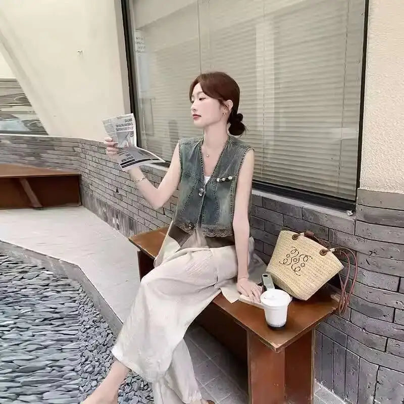 ANJY Summer New Women's High Street Fashion Unique Design Denim Patchwork Contrast Color Button Vest Casual Wide Leg Pants A7944