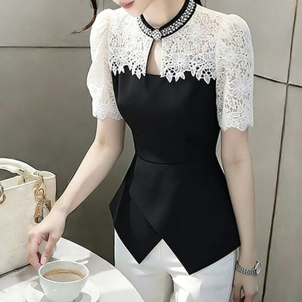Chic Black Lace Spliced Short Sleeve Summer Shirt For Women