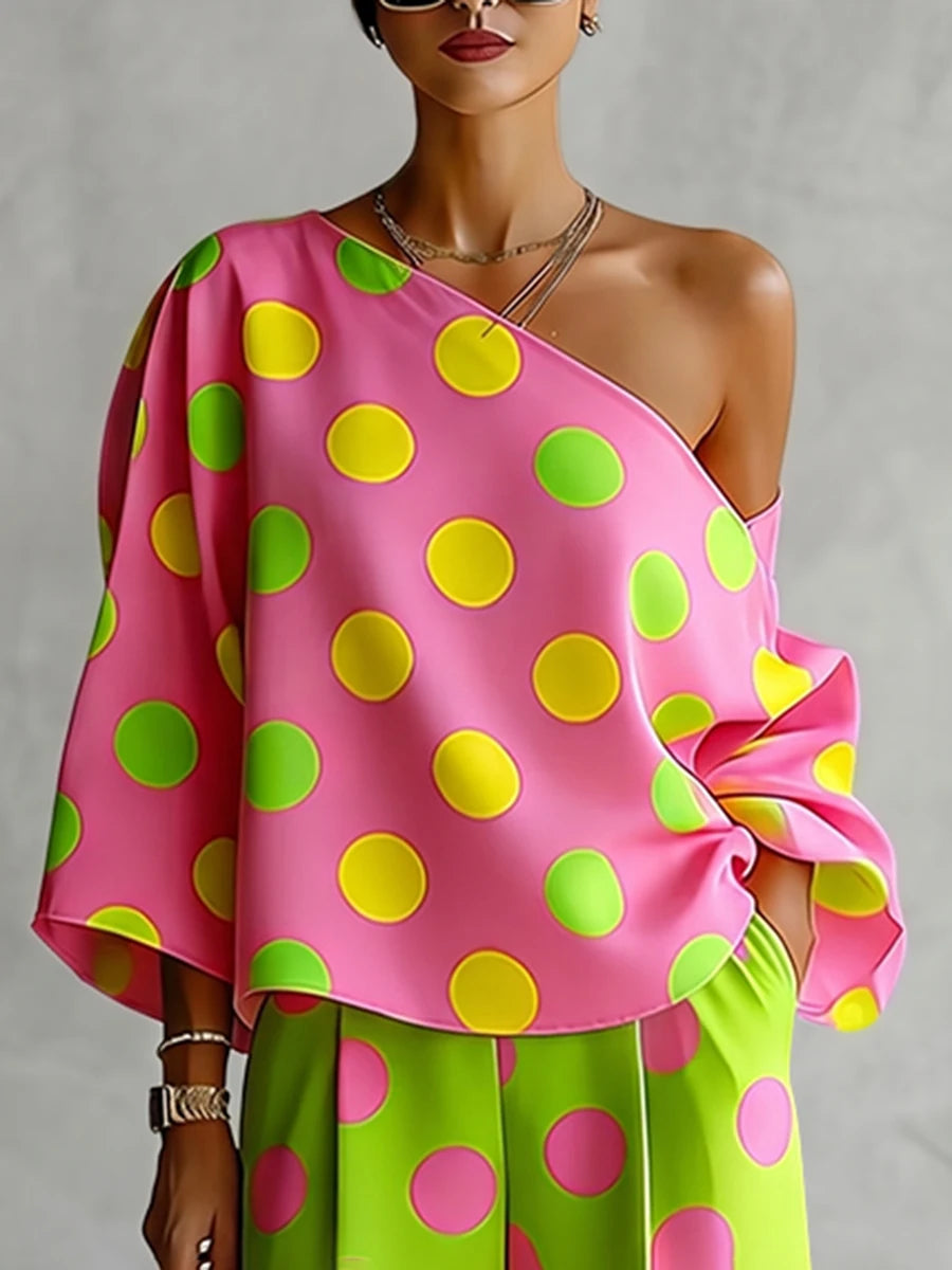Bonboho Women's One Shoulder Polka Dot T-shirt Pink Base with Green Yellow Dots Loose Batwing Sleeve Shirt Top Casual Blouse