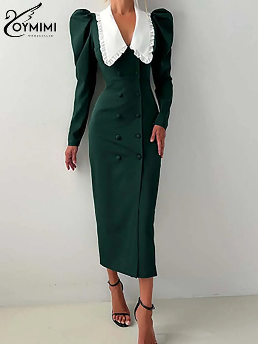 Oymimi Fashion Green Patchwork Womens Dresses Elegant Peter Pan Collar Long Sleeve Dresses Casual Slim Double Breasted Dress