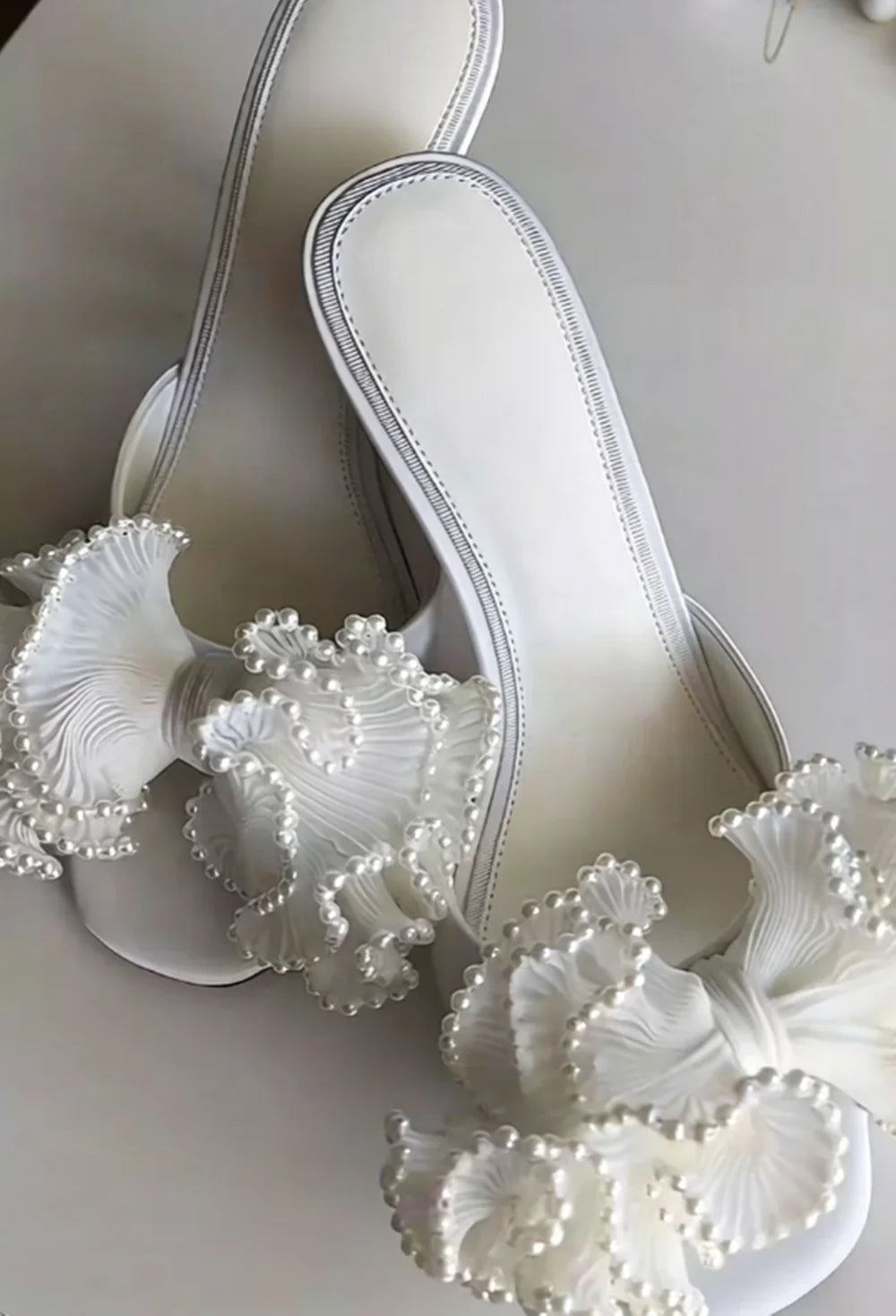 White Pearl Ruffle Bow Peep Toe Sandals