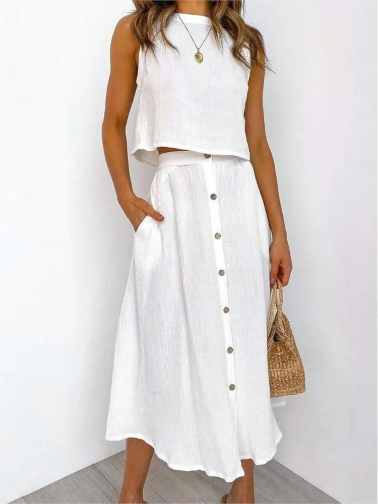 Double Layer Casual Elegant O Neck Vest And Skirt Set for Women