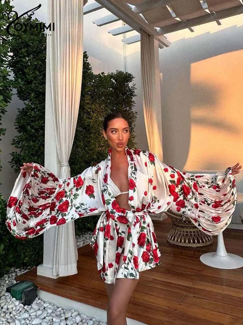 Oymimi Fashion Black Print Dresses 2025 Woman Elegant Deep V-Neck Lantern Sleeve Lace-Up Dresses Casual Loose Mini Dress Female