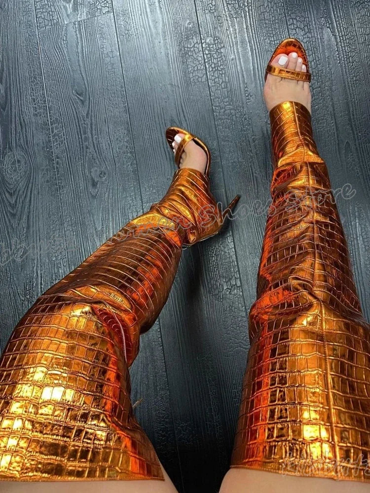 Sandal Boots Over The Knee Leather Solid Color Back Zippers Round Toe Thin Heel Fashion Elegant Concise Sexy Novelty Women Shoes