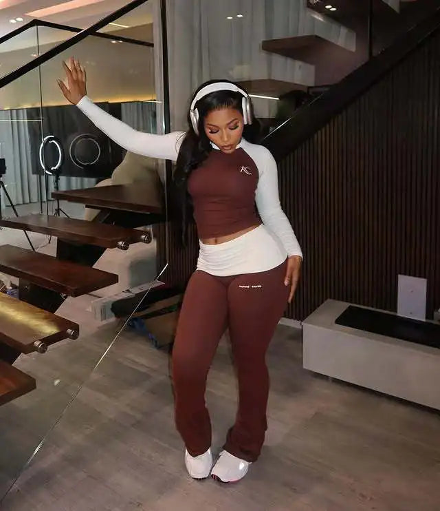 FAGADOER Casual 2 Pieces Set for Woman Long Sleeve Round Neck T-Shirt and High Waist Pants Matching Tracksuits Female Sportswear
