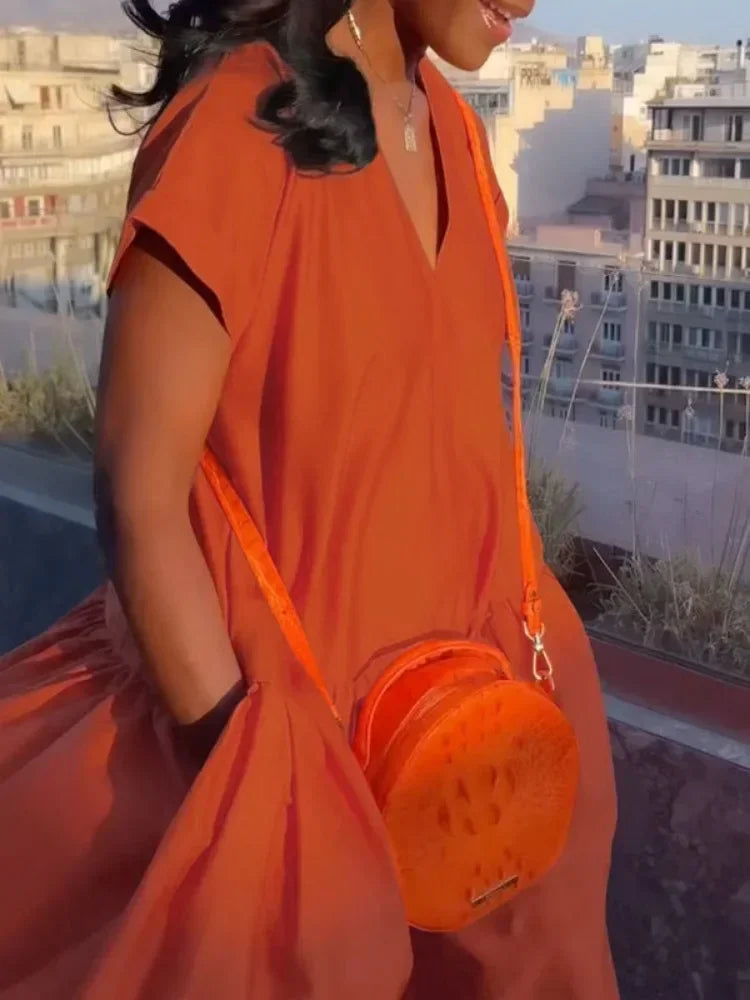 UOOZEE Female Stylish Solid Color Pleated Dress 2024 New Summer Short Sleeves V-neck Loose Casual Going Out Maxi Dresses