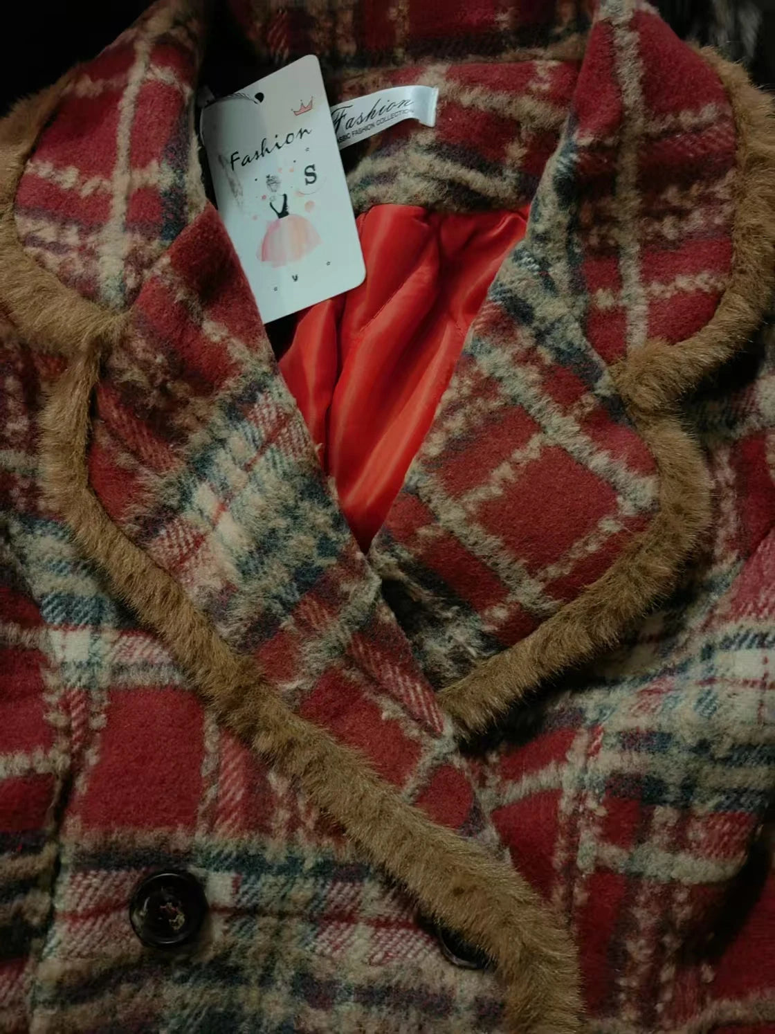 Women's Double Breasted Plaid Coat, Woolen Jacket , V-Neck, Loose Tops, Female Clothes, Sweet, New, Autumn, Winter