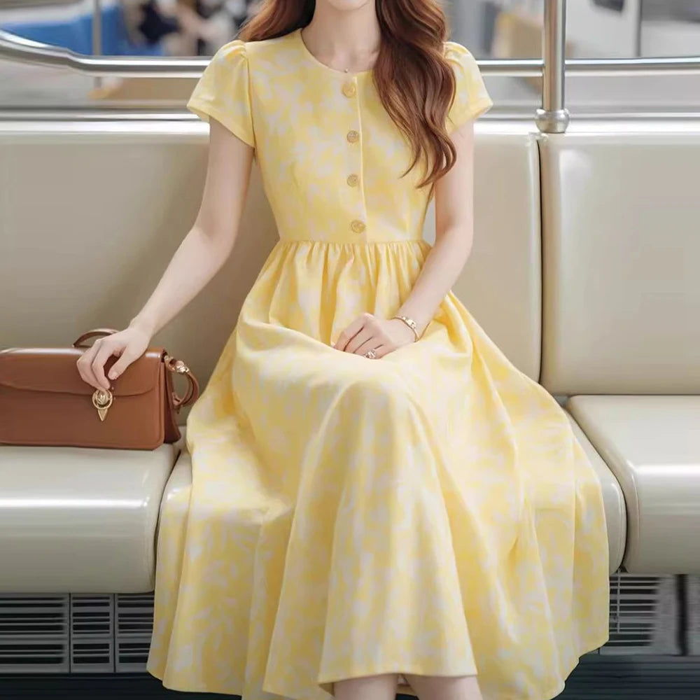 Lightweight Yellow Print Midi Dress With Cinched Waist for Women